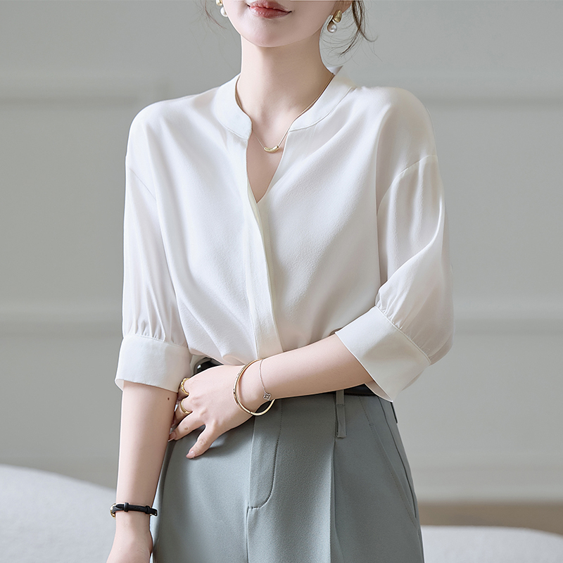 Small Stand-Up Collar Silk Shirt for Women, 100% Mulberry Silk, Heavy Short-Sleeved Shirt, Summer 2026 New European Style Light Luxury Top