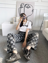 175 senses chessboard lattice straight cylinder jeans female lengthened tall taller high waist loose and broad leg towering pants autumn and winter