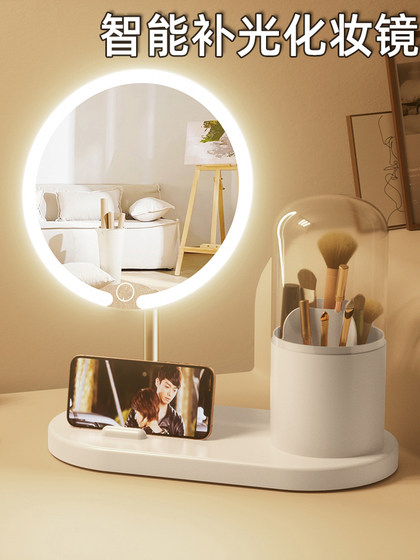 LED镜子化妆镜带化妆收纳筒台式桌面带灯学生家用补光镜2024新款