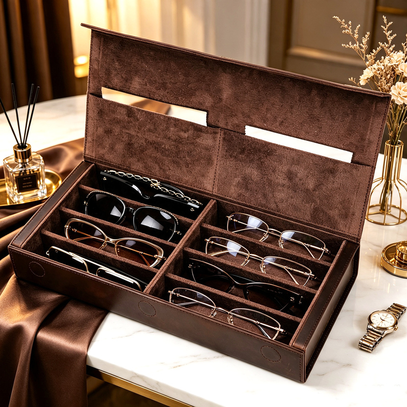 Retro Glasses Storage Box with Multiple Compartments, Genuine Leather, Large Capacity, High-End Household Sunglasses, Sunglasses and Watches Integrated Collection Box Retro Glasses Storage Box with Multiple Compartments, Genuine Leather, Large Capacity, High-End Household Sunglasses, Sunglasses and Watches Integrated Collection Box