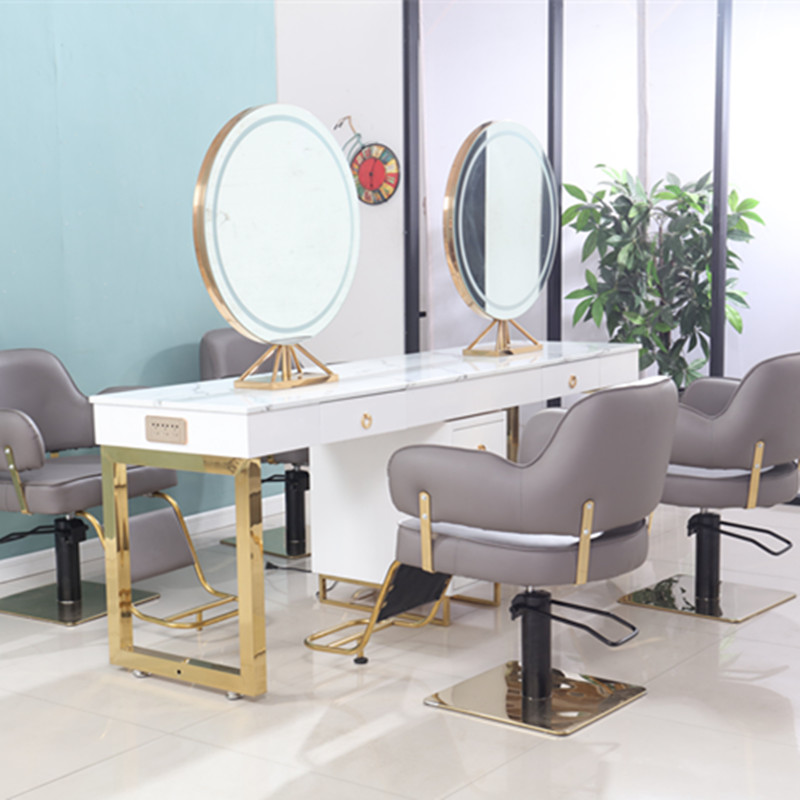 Solid wood with lamp Beauty Mirror Single-sided Mirror bifacial mirror Four Sides Mirror Table Hairdressshop Cut Hair Makeup Bronzed Mirror Table