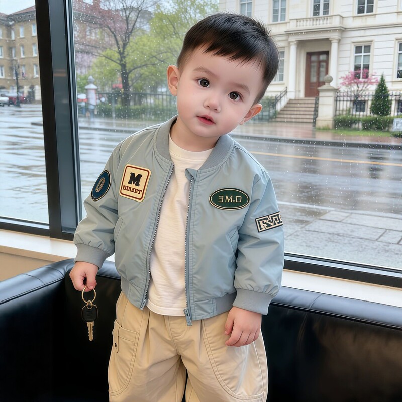 Mxag Boys' Spring New Aqua Blue Jacket Children's Casual Baseball Jacket Zipper Jacket Trendy Cool Stylish Fabric Patch