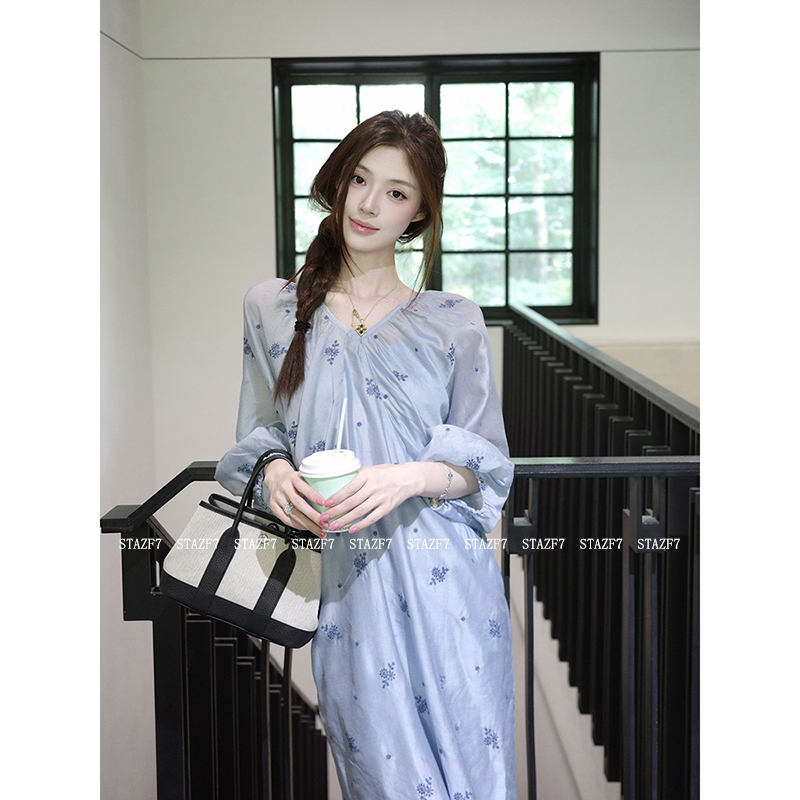 Yumeiko Stazf7 French-Style Pure Desire V-Neck Embroidered Dress for Women, Summer Gentle Relaxed Style, Tie-Waist Loose Long Dress Yumeiko Stazf7 French-Style Pure Desire V-Neck Embroidered Dress for Women, Summer Gentle Relaxed Style, Tie-Waist Loose Long Dress