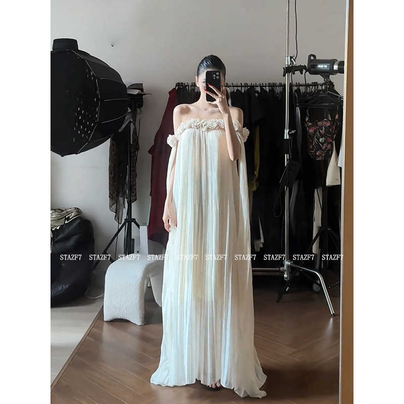Yumeiko Stazf7 Plus-Size French-Style High-End Off-Shoulder Floral Long Dress for Women, Summer Elegant Fairy Vacation Long Dress