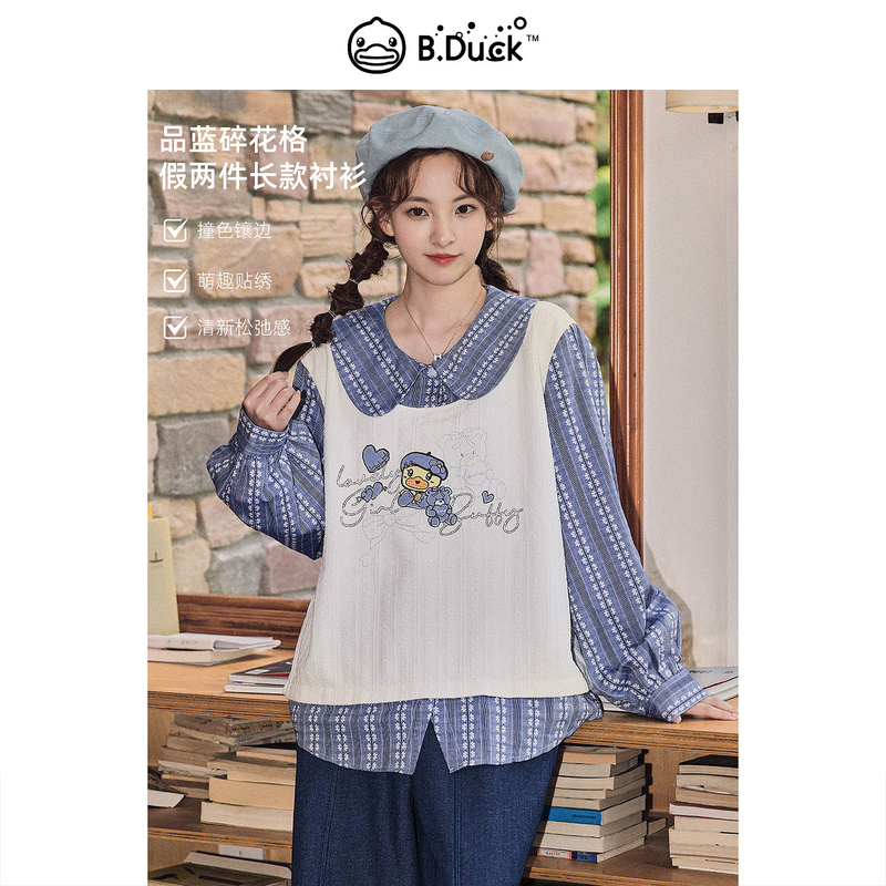 【Family Handicraft Workshop】B.Duck Little Yellow Duck 2026 Autumn Floral Checkered Color-Block Fake Two-Piece Embroidered Shirt for Girls 【Family Handicraft Workshop】B.Duck Little Yellow Duck 2026 Autumn Floral Checkered Color-Block Fake Two-Piece Embroidered Shirt for Girls
