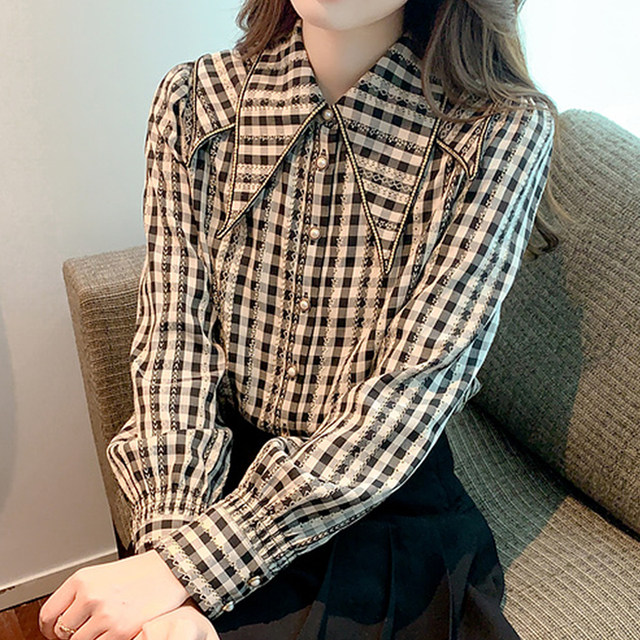 French Hong Kong style retro plaid shirt women 2023 spring new doll collar chic shirt foreign style long-sleeved top