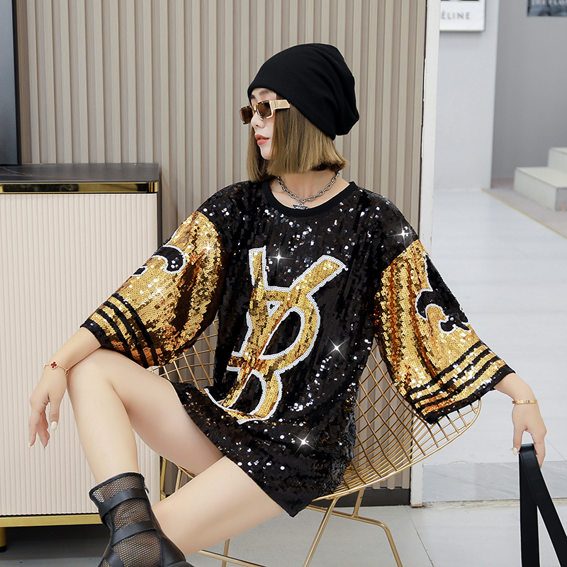 Summer New Style Shiny Sequin American-Style Short-Sleeve T-Shirt ins Loose-Fitting Bottoming Shirt Trendy Brand Round Neck Mid-Length Style