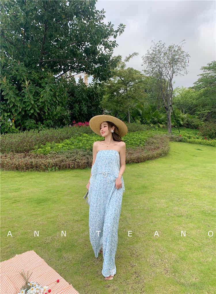 Боди/брюки 【vkbang】正品设计师ann teano 蓝色粉色印花抹胸钻扣飘带连体裤