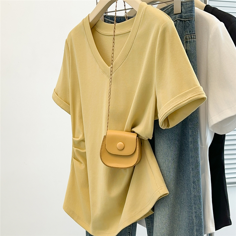 Plus-Size Women's Clothing for Fat Girls, French-Style Simple and Versatile V-Neck Short-Sleeved T-Shirt for Women, Summer Loose-Fitting Top That Covers the Belly and Looks Slimming