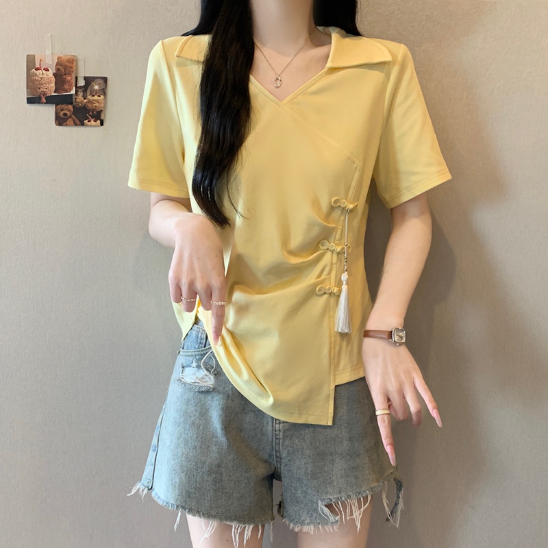New Chinese-Style Design V-Neck Short-Sleeve T-Shirt for Women, Summer New Plus-Size Women's Clothing with Button-Up Irregular Hem, Tummy-Covering and Slimming Top