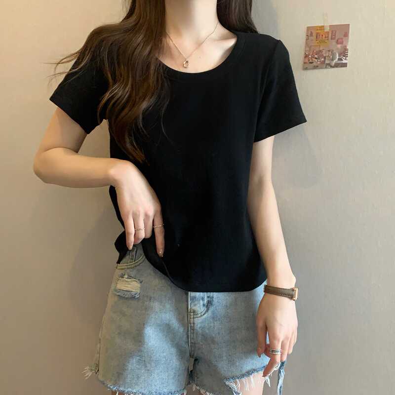 Plus Size Women's Short-Sleeved U-Neck T-Shirt, Black, for Slightly Chubby Girls, Loose Fit, Slimming, Tummy-Covering, Regular Shoulder Top, New Summer Style Plus Size Women's Short-Sleeved U-Neck T-Shirt, Black, for Slightly Chubby Girls, Loose Fit, Slimming, Tummy-Covering, Regular Shoulder Top, New Summer Style