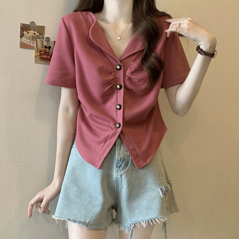 Plus Size Waffle Knit Rose Red Short-Sleeve Top for Women, Irregular Shirt for Petite Figures, Slimming Button-Up Cardigan