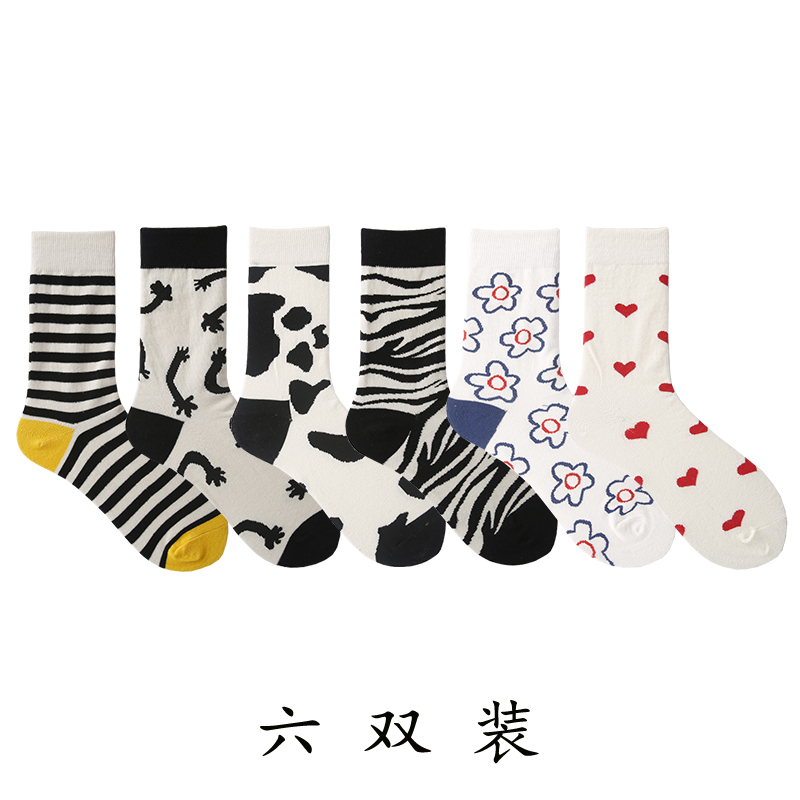 【X8】6 double Socks female Middle tube socks ins tide Internet celebrity street Medium and long term solar system Korean version Versatile Academic atmosphere Stockings female tide
