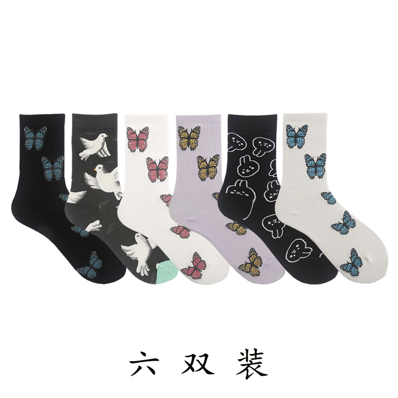 【X18】6 double Socks female Middle tube socks ins tide Internet celebrity street Medium and long term solar system Korean version Versatile Academic atmosphere Stockings female tide