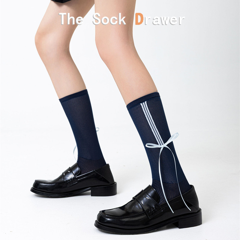 2026 New Spring and Summer Socks for Women, Black Mesh Breathable Calf Socks with Ribbon Bow, Stacked Long Socks