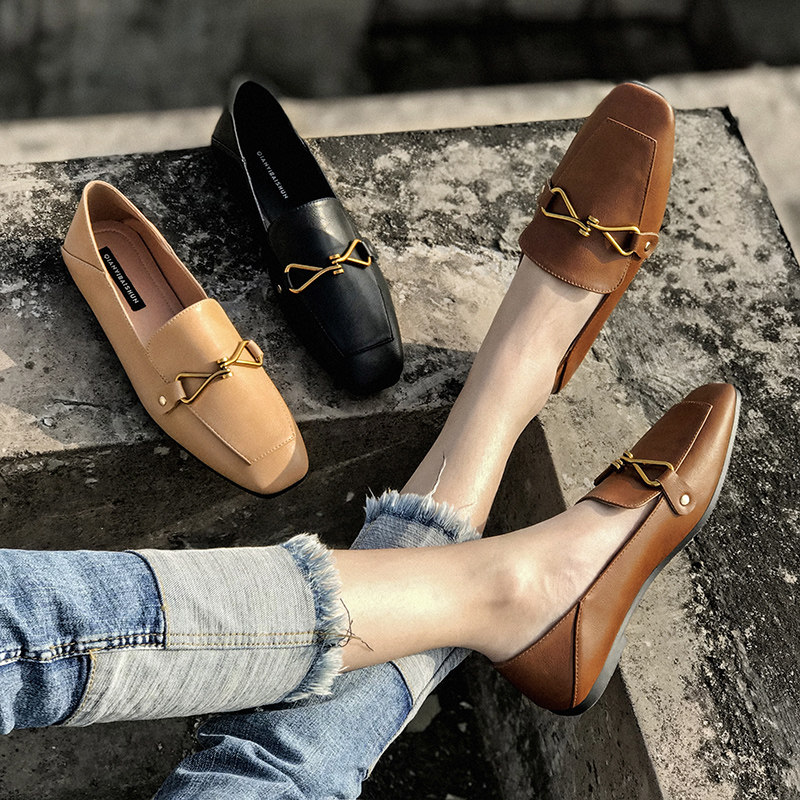 Tide brand beanie shoes 2022 spring new leather wild British retro small leather shoes a pedal flat shoes women