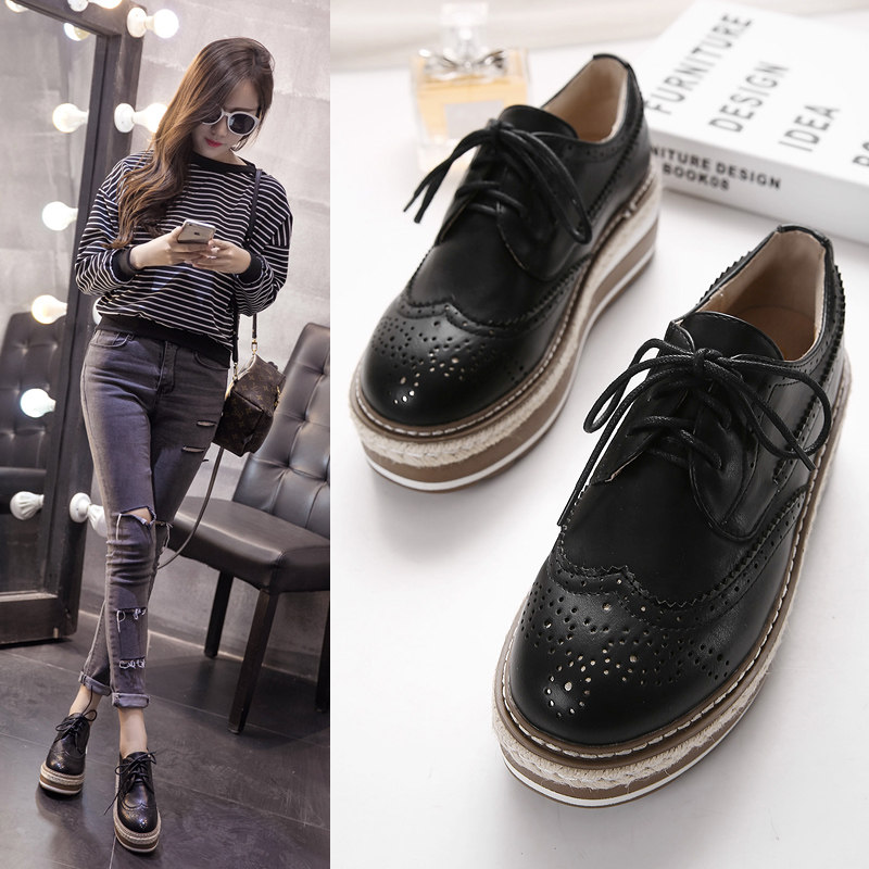 Tide brand small leather shoes women's 2023 spring new leather casual college thick-soled platform shoes lace-up Brogue shoes