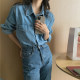 Korean style retro Hong Kong style loose casual versatile long-sleeved polo collar layered with blue denim shirt top for women