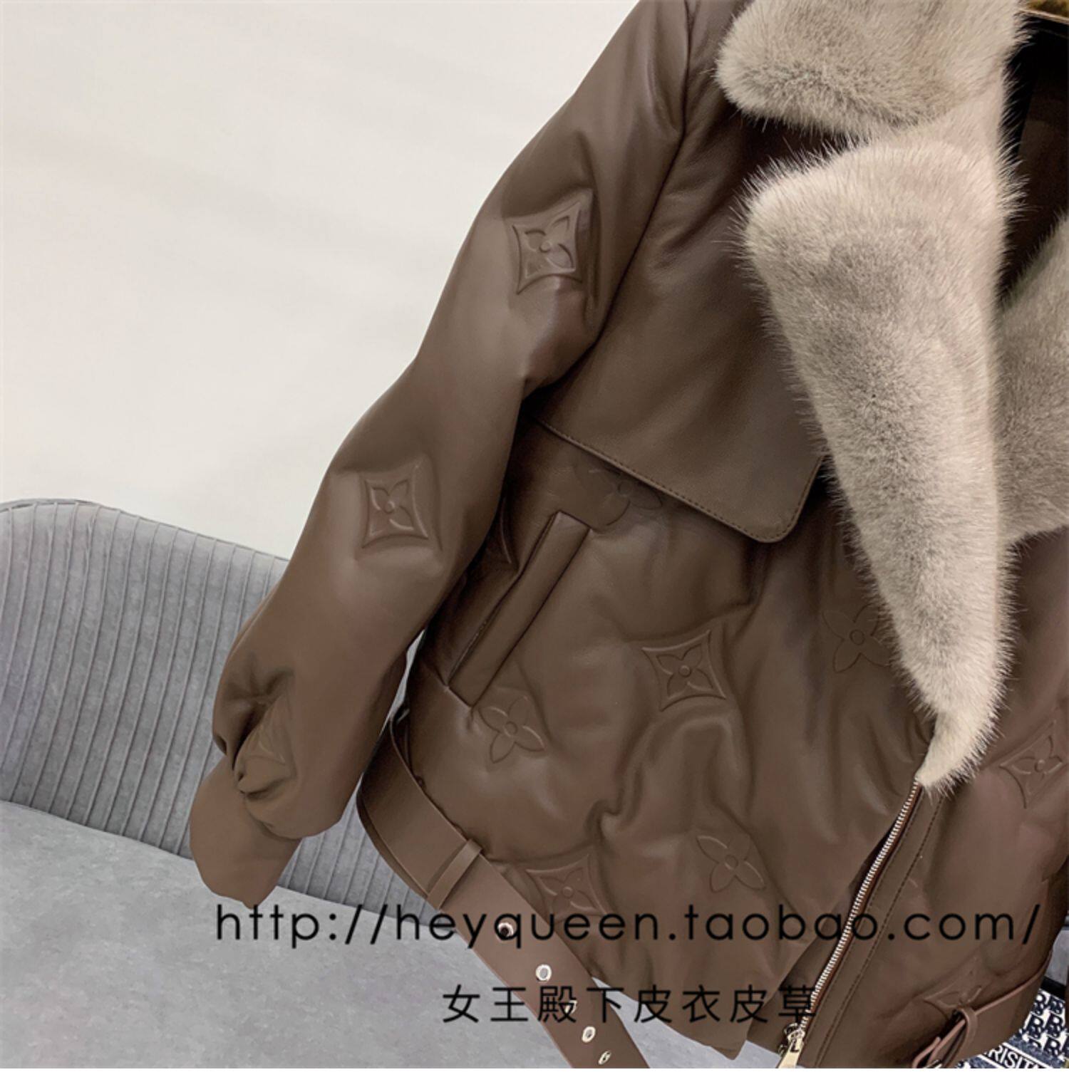 Кожаная куртка 2024年冬季新款真皮皮衣女短款羽绒外套加厚水貂毛领印花宽松显瘦