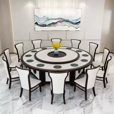 Hotel electric dining table Large round table turntable with electromagnetic stove box solid wood 16 people 20 people New Chinese dining chair combination