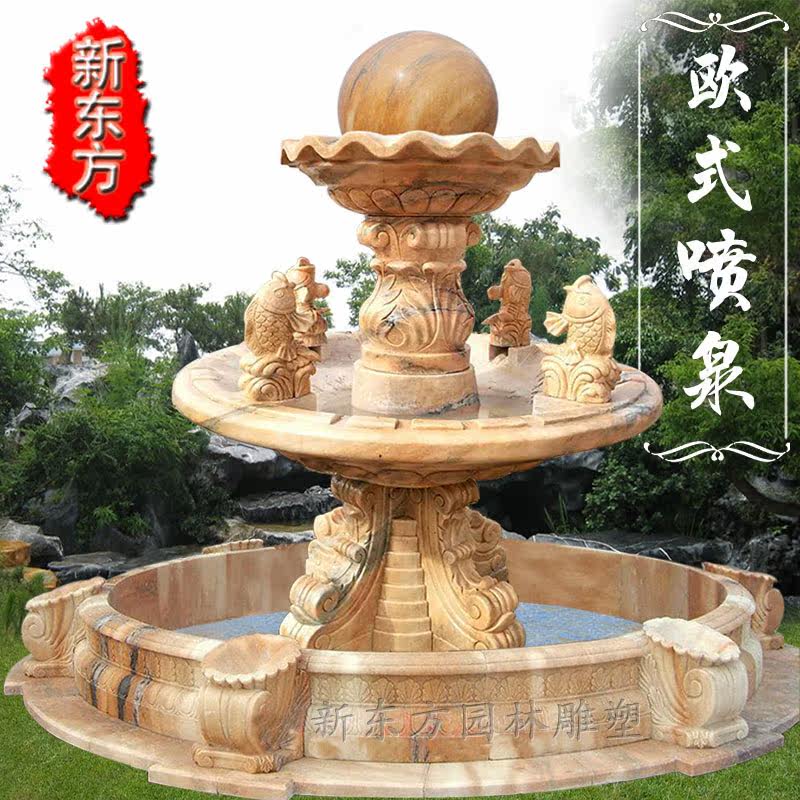 Yellow embroidered stone late glow stone carving fountain outdoor courtyard flowing water landscape European custom villa decoration interior decoration