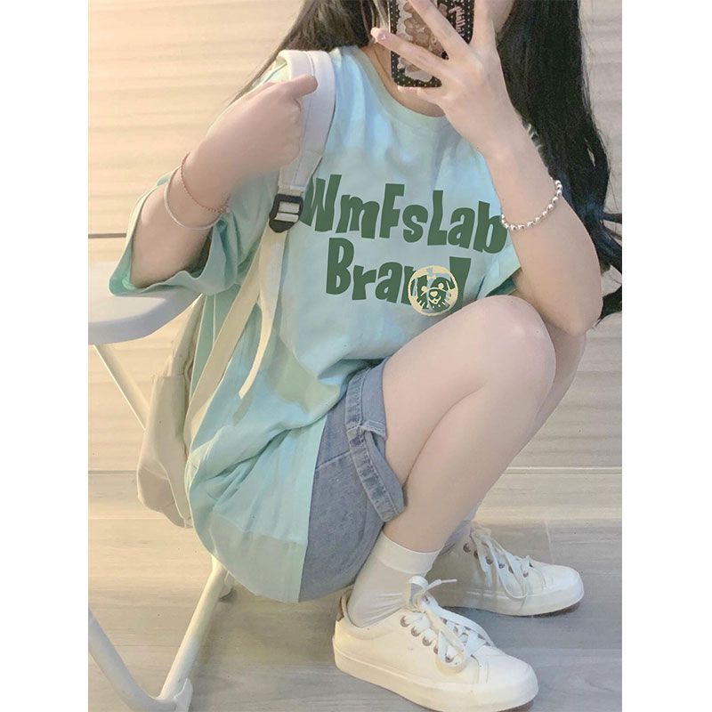100% Pure Cotton Fresh Mint Green Letter Short-Sleeve T-Shirt for Women, Summer Sweet Versatile Top, Oversized Trendy 100% Pure Cotton Fresh Mint Green Letter Short-Sleeve T-Shirt for Women, Summer Sweet Versatile Top, Oversized Trendy
