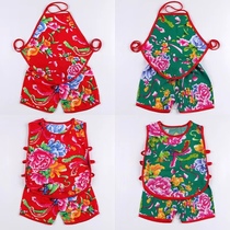 Summer male and female children long sleeves trousers suit children casual two sets short sleeves Northeastern wind big flower cloth baby belly pocket