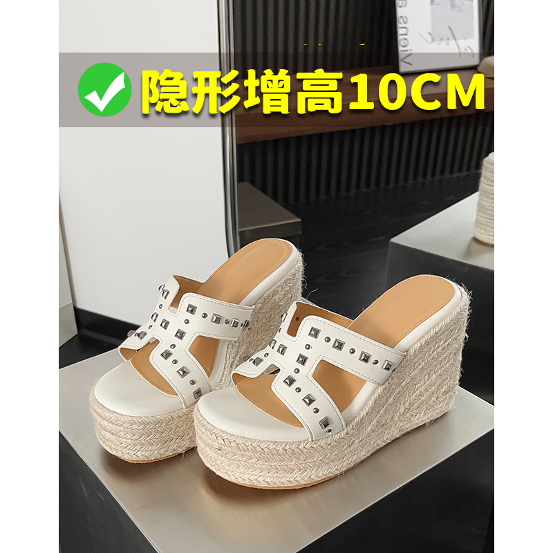 10cm Height-Increasing~H Sandals for Women 2026 Summer New Style Genuine Leather Wedge Heel Thick Platform Beach Sandals