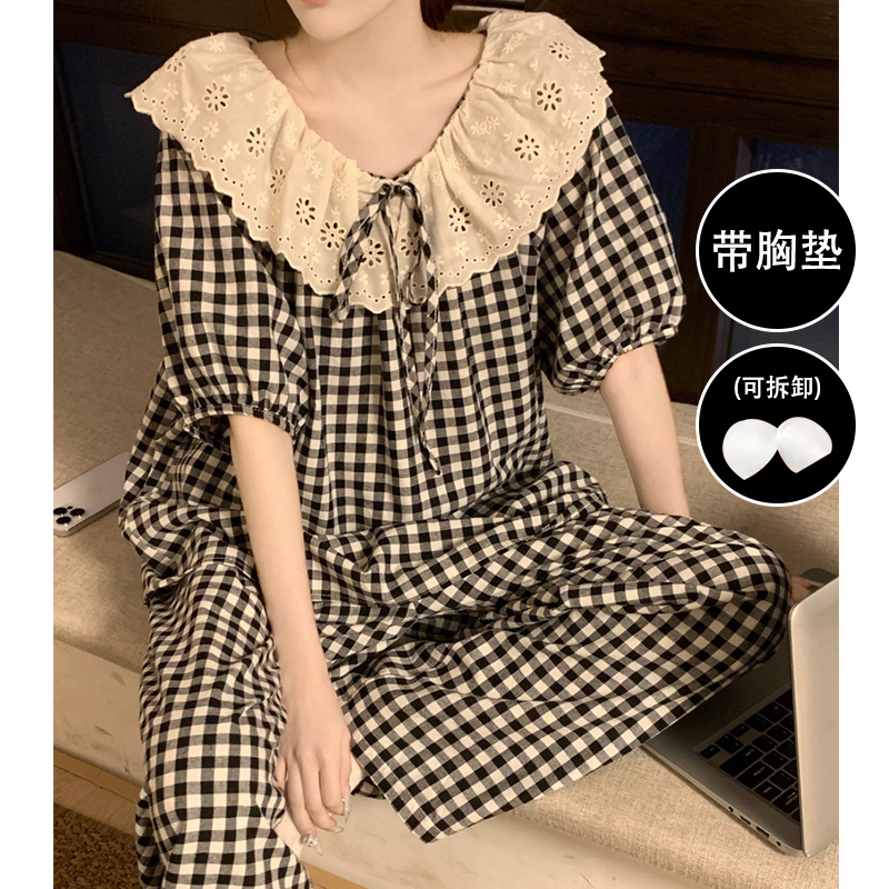 Pajamas with Breast Pads for Women, Summer Thin Pure Cotton Short-Sleeved Pants Two-Piece Set, Pure Cotton Princess Style Women's Home Wear