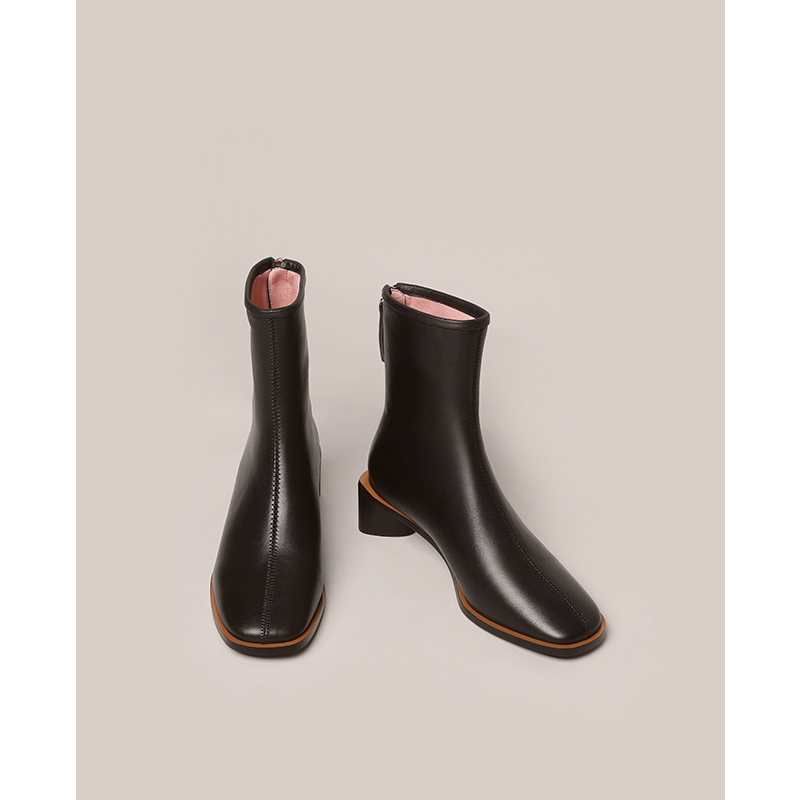 [Shoemaker Queen] Genuine Leather Short Boots for Women, Square Toe, Chunky Heel, Trendy Slim Boots, Mid-Heel, Ankle Boots, Slimming and Versatile Boots