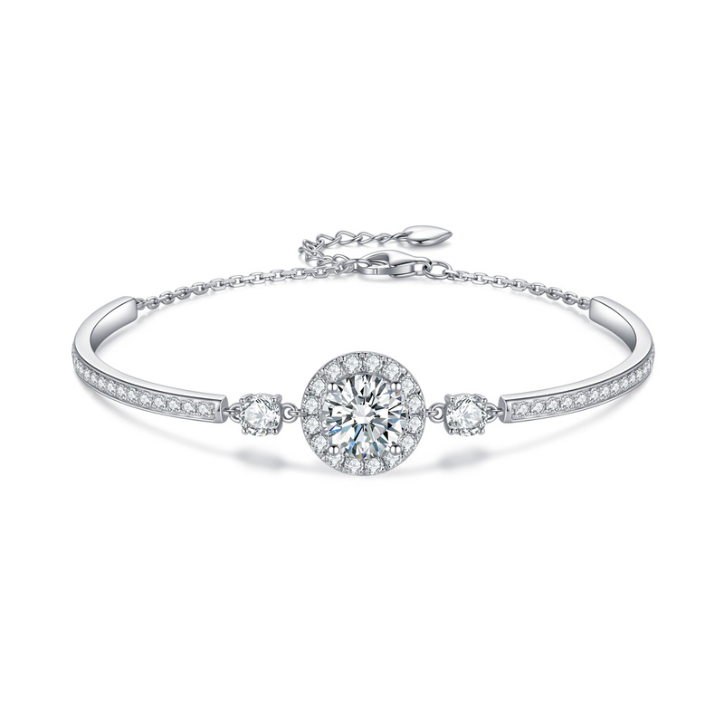 Qifan Pt950 Platinum Cultured Diamond Bracelet, Stackable Round Full Diamond Encrusted Half Bracelet Half Chain Jewelry, Gift for Girlfriend