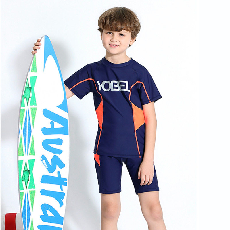 Children's swimsuit suits boys, big boys, fat boys, students and teenagers, two-piece swimming trunks, short-sleeved sunscreen swimwear