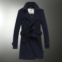 Winter wool coat mens medium and long slim trend windbreaker Navy blue trend mens wool business coat