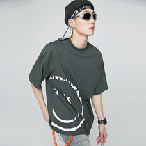 Short Sleeve Men Casual Beating Undershirt 2021 Summer Smiley Face Printed Round Collar Casual 100 lap pure color blouse 50% sleeves