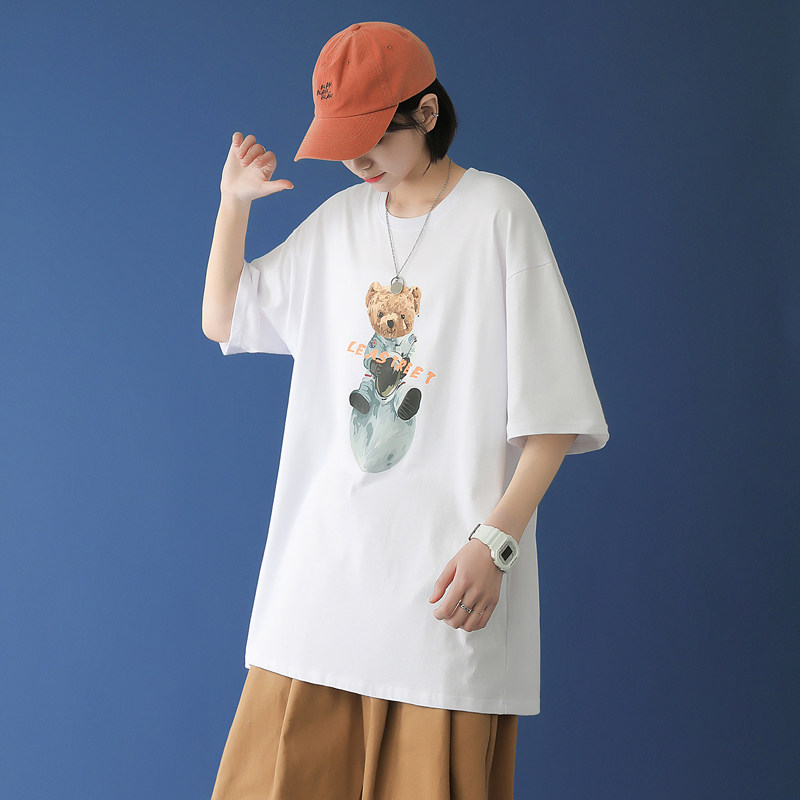 Short - sleeved summer men 2021 loose national tide printing tops leisure and round the tide of the halfway sleeve