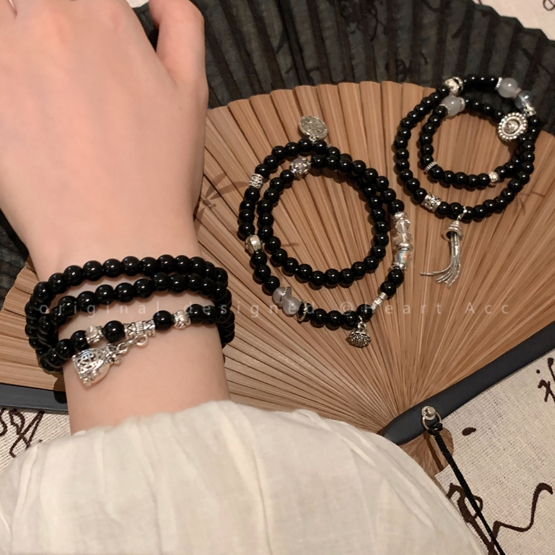 New Chinese-Style Mountain Ghost Flower Black Beaded Bracelet for Women, National Style Retro 2026 New Model Double-Layer Stacked Bracelet for Men