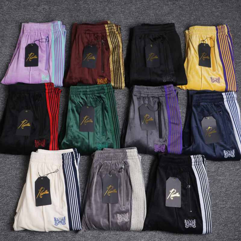 Needles Butterfly Velvet Casual Sweatpants High Street Velvet Loose Straight-Leg Trousers Men's Trendy Pants Trendy Brand