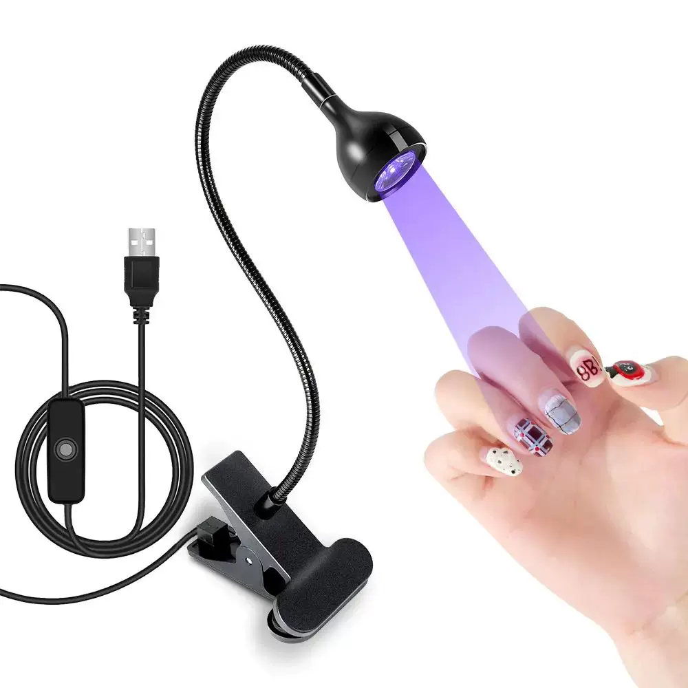 LED UV лампа для ногтей, прищепка, USB питание, гибкий гусек (чёрная/розовая/белая)