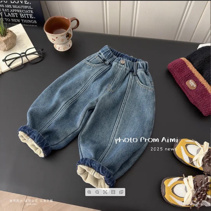 Children's Winter Fleece-Lined Korean-Style Denim Pants, Fashionable and Versatile Patchwork New Pants, Trendy and Cool for Boys and Girls
