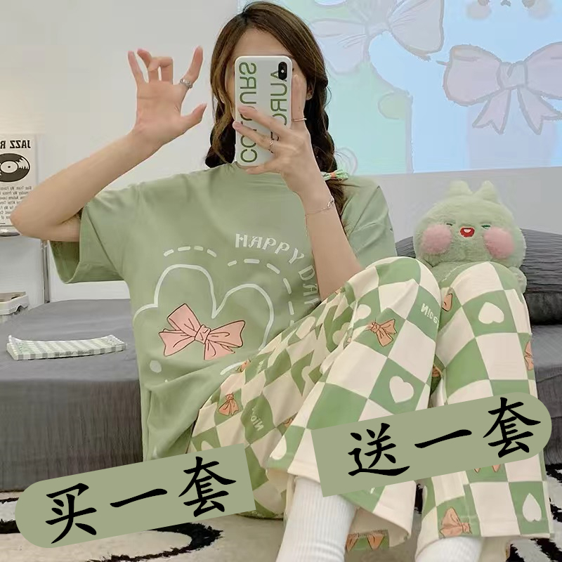2024 New Women's Pajamas Summer Pure Cotton Short-Sleeved Long Pants Spring, Autumn and Summer Women's Home Wear Thin Two-Piece Set