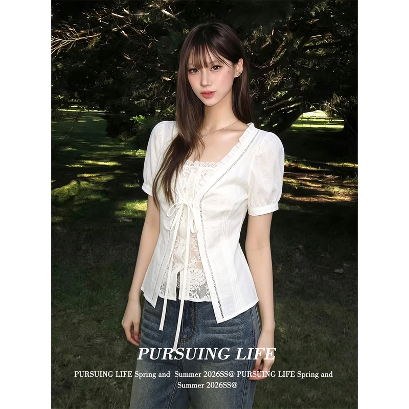 【Summer Rhythm Lace】French-Style Faux Two-Piece Short-Sleeve Shirt for Women, Summer Outfit with Lace Trim, Slim-Fit Top