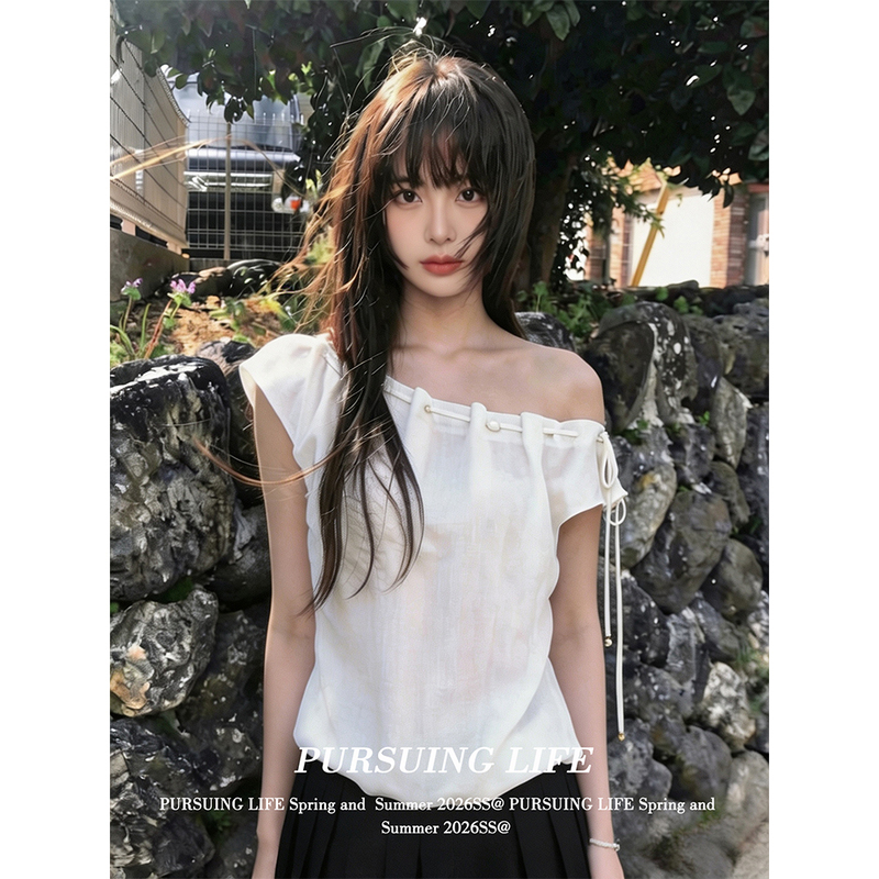 Designed One-Shoulder Drawstring T-Shirt for Women, Summer Wear, Lazy Style, Tie-Up, Off-Shoulder, Short-Sleeved, Casual and Elegant Top Designed One-Shoulder Drawstring T-Shirt for Women, Summer Wear, Lazy Style, Tie-Up, Off-Shoulder, Short-Sleeved, Casual and Elegant Top