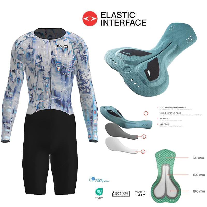 New K-Snow Woven One-Piece Long-Sleeve Cycling Jersey Italian Double Arrow 18mm Cushion "Magic Ice"