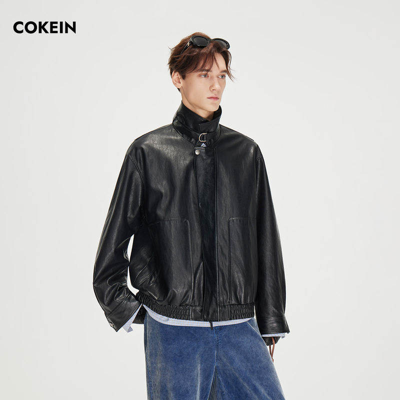 Cokein Leather Jacket for Men 2026 Spring Original Casual Top American Retro Stand-Up Collar Dark Pattern Pu Leather Jacket