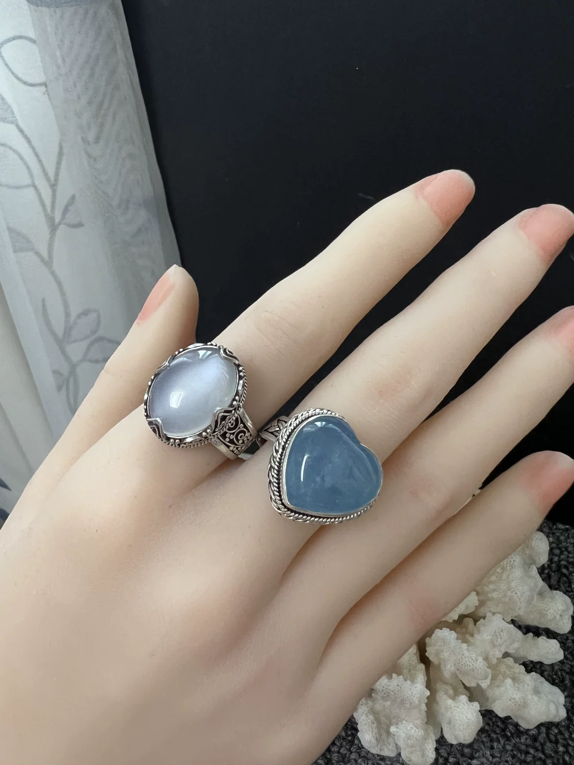 Import stone inlay wax agate, sapphire agate retro tea, ring, silver 925 sample