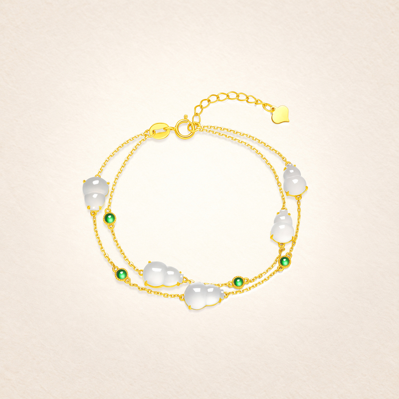 Jade Gourd Double-Layer Bracelet with Natural High Ice Jade from Myanmar, A-Grade, 18K Gold Inlaid Bracelet Jade Gourd Double-Layer Bracelet with Natural High Ice Jade from Myanmar, A-Grade, 18K Gold Inlaid Bracelet
