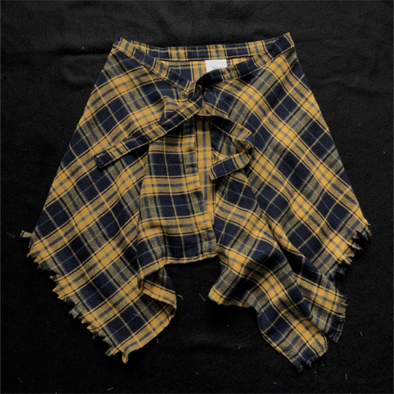 Tassel Fringed Hem Curtain-Style Trendy Street Hip-Hop Dance Yellow Plaid Lace-Up Layered Waist Belt for Men and Women