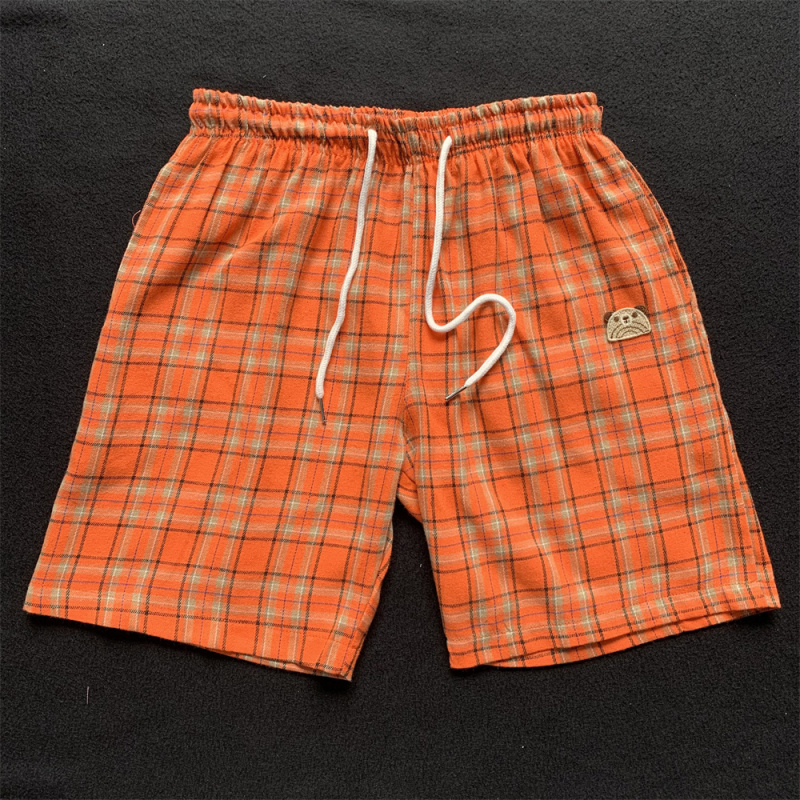 2026 New Summer Orange and Orange-Red Shorts for Men, Loose and Thin, Suitable for Home and Outdoor Wear, Red Plaid Knee-Length Shorts for Women