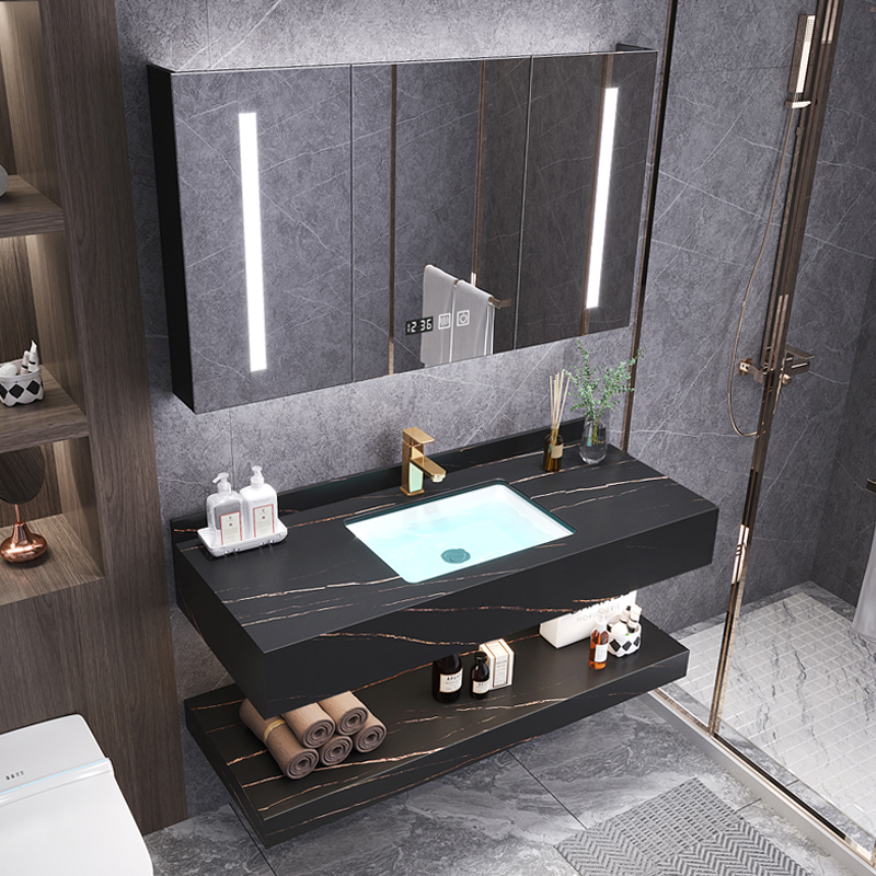 Bathroom wash basin cabinet combination rock slab integrated bathroom cabinet light luxury bathroom washstand smart hotel washbasin