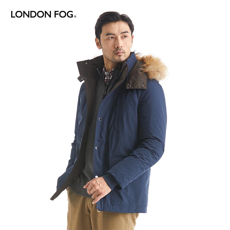 London Fog down Jacket for Men, Winter White Duck Down, Color-Block Hooded, Three Pockets, Medium Length, Lightweight, Warm, Fashionable, Casual Coat